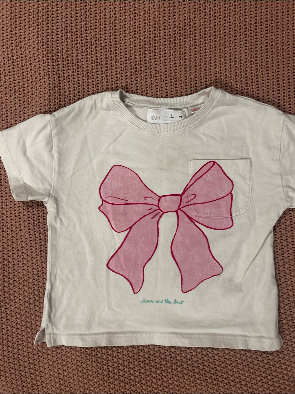 Zara Girls Pink Bow Graphic Pocket T-Shirt White Size 3 Years 98